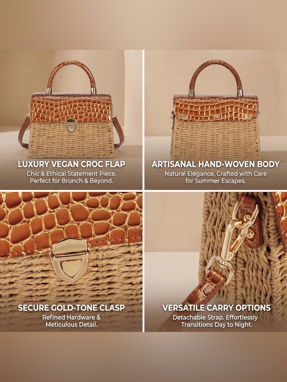 Vegan friendly faux croc crocodile leather rattan straw bohemian hand bag purse - Picture 4 of 7